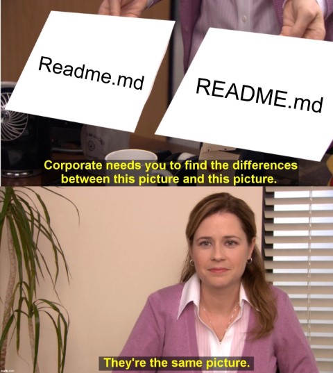 meme HRD menanyakan seorang wanita perbedaan kedua gambar dengan tulisan Readme.md dan README.md, wanita tersebut menjawab “Gambar tersebut sama”
